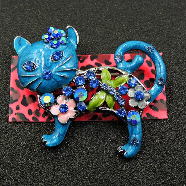 Betsey Johnson Blue Rhinestone Cute Flower Cat Crystal Charm Brooch Pin Gift