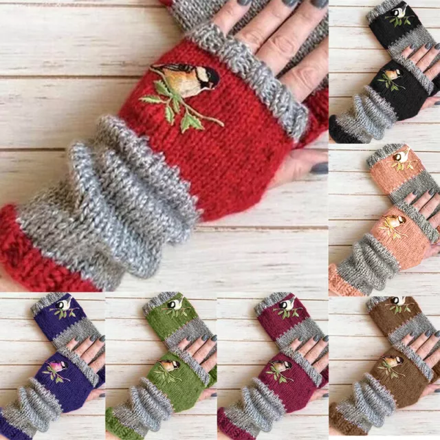 Women Birds Embroidery Knitted Gloves Warm Fingerless Mittens Gloves Winter