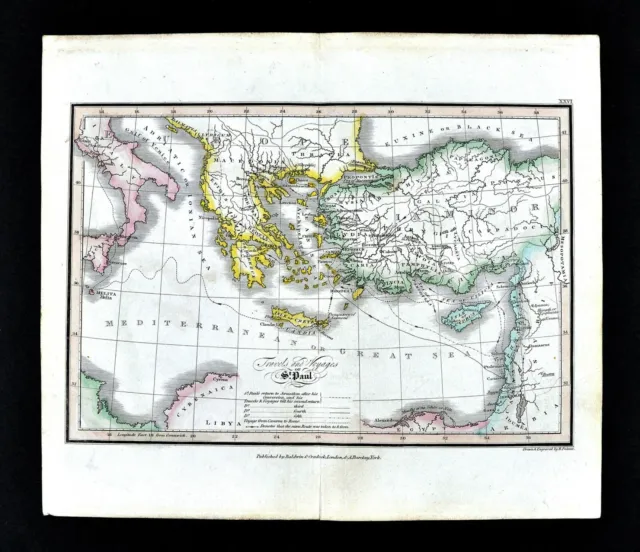 1831 Palmer Map Travels of St. Paul Canaan Israel Turkey Greece Italy Bible