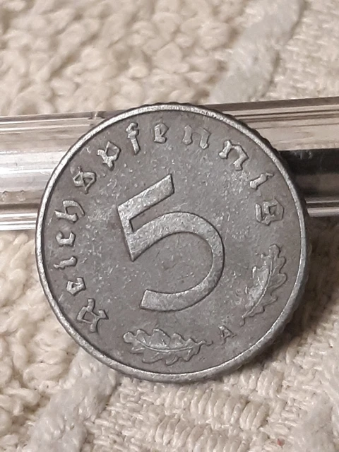 1943-A , WW2 German 5 Reichspfennig , WWII Era Heavily Circulated Coin