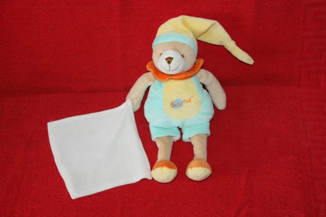 Babynat Baby Nat Doudou Ours Jaune Vert Orange Mouchoir Blanc Excellent Etat