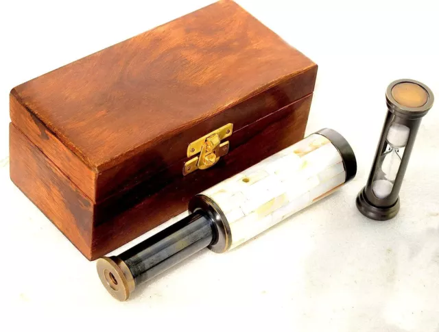 Nautical Telescope Vintage Working Gift Set Brass Pirate Sand Timer Collectible