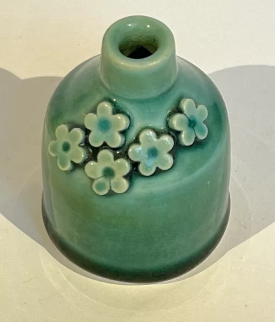 Studio Art Pottery Bud Vase Green Flowers Stoneware Handmade Signed Gift 3” Tall