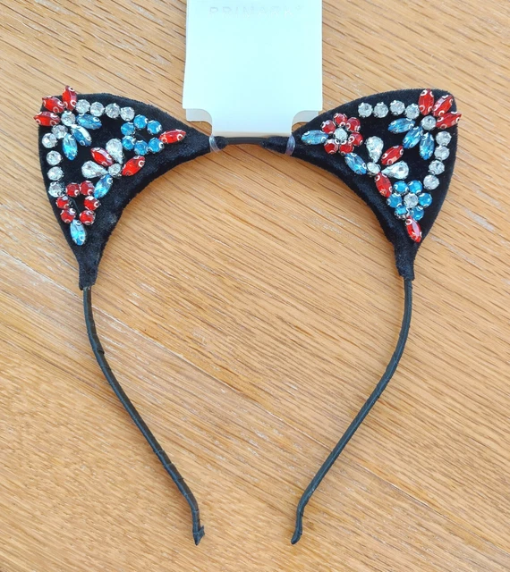PRIMARK BLACK VELVET Red Blue Clear Rhinestone Embellished Cat Ears Headband £3.75 PicClick UK
