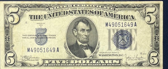 1934 C $5 Silver Certificate Note Circulated Blue Seal M49051649A