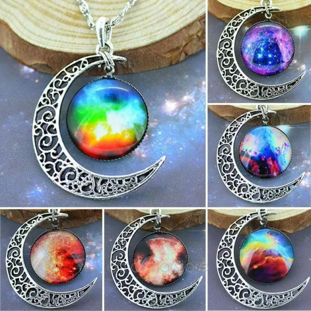 Galaxy Pendant Silver Necklace Stars Colourful Glass Hollow Crescent Moon UK