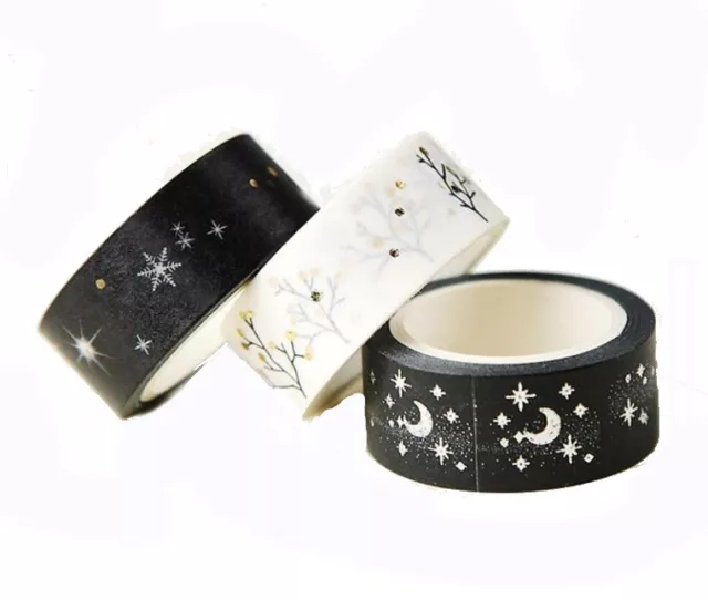 15mm Negro y Blanco Washi Tape - Moon, Stars, Copos de Nieve - Plata Oro Detalle