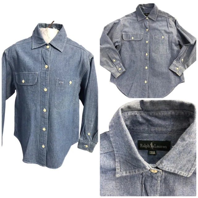 Girls Ralph Lauren Shirt Age 7-8 Blue Denim Cotton Button Up Long Sleeve Logo