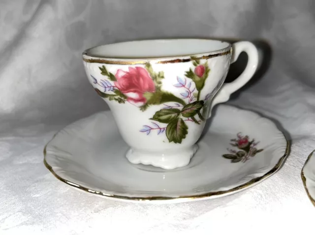 5 Sets of Vintage Porcelain Moss Rose Demitasse Pedestal Cups & Saucers
