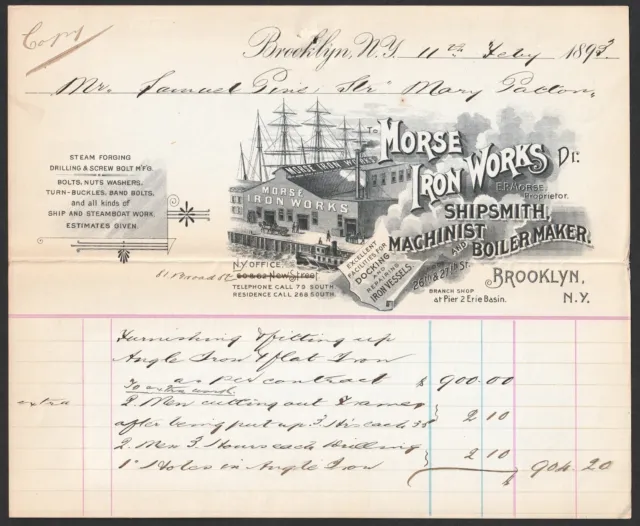 RARE Billhead - Morse Iron Works - Brooklyn NY 1893 Steamer Mary Patton Sam Pine