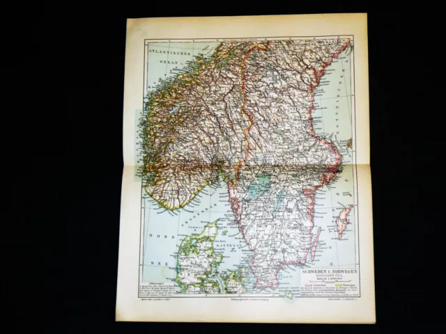 SCHWEDEN & NORWEGEN Landkarte  - Lithographie von 1897 – 124 Jahre ORIGINAL