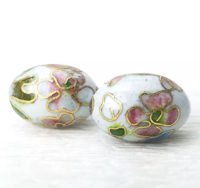 Vintage White Pink Blue Flowers Cloisonne Chinese Enamel Oval 18x12mm  2 Beads