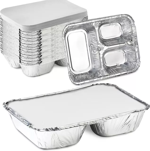 3-Compartment Oblong Aluminum Foil Take-Out Pan w/Board Lid 50 Pack - Disposable