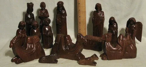 15 Piece Vintage Hand Carved Wooden Nativity Figures