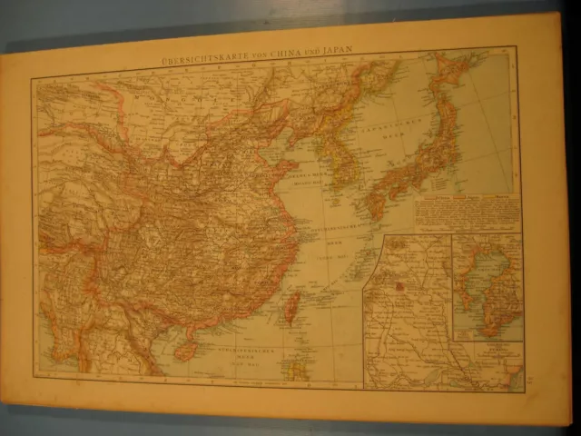 Antike Karte von 1886.Übersicht von China und Japan mit Stadtgrößen-Antique map