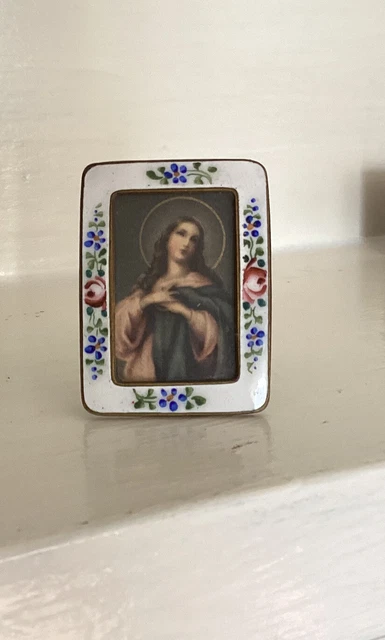Vintage Tiny Enamel Frame Hand Painted Roses Blue Flowers Brass Base Beautiful