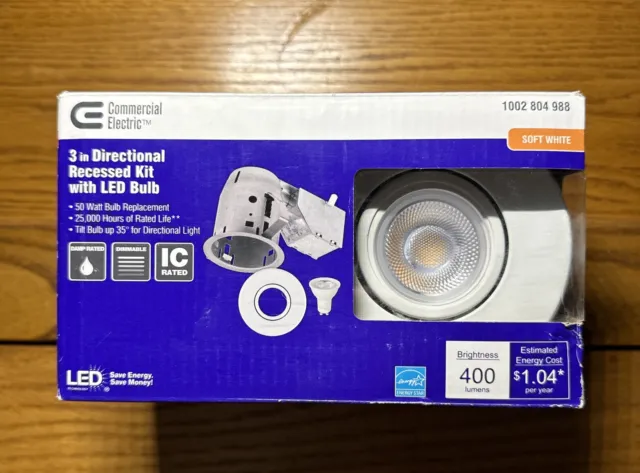 New Commercial Electric LED 3 In. Directional /Dimmable Recessed Light Kit