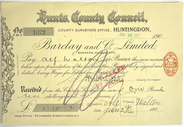 Huntingdonshire County Council Barclay & Co Ltd Cheque 1910 (W1)