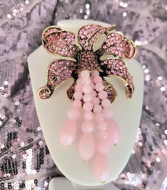 XL MOTHERS DAY VINTAGE BEADING Baroque STYLED PINK Crystal FLOWER BROOCH PIN