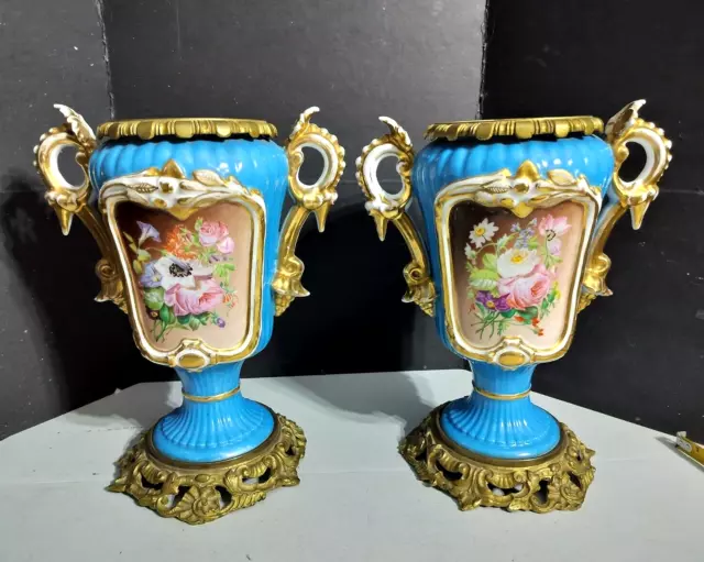 Antique Sevres Style Porcelain & Bronze Urns Couple, 12.5" high.