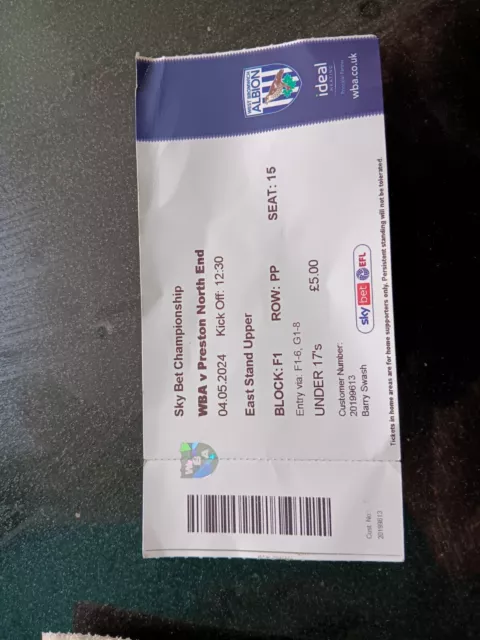 West Bromwich Albion V Preston North End U17s   TICKET May 2023/4