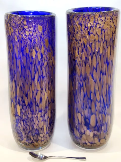 PAIR HAND MADE ART GLASS VASES WEIGHING OVER 5kg & 30cm HIGH EACH. UNSIGNED, 3