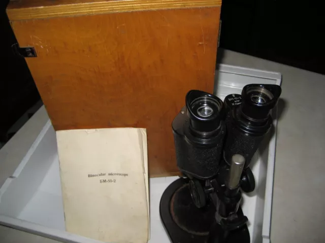 Russian Bm-51-2 Stereo Binocular Microscope  8.75X  & Wood Case