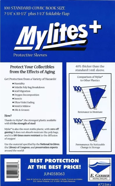 100 - E. Gerber Mylites+ Mylar Standard Size Comic Book Bags 725M+ 7 ¼  ” X 10 ½