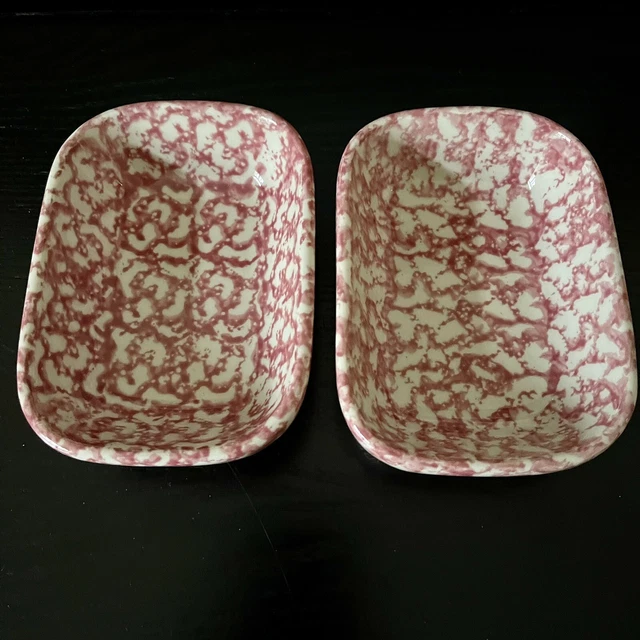 2 Vintage BTC Henn Pottery USA Red Spongeware Relish Dish Snack Soap Trinket 3