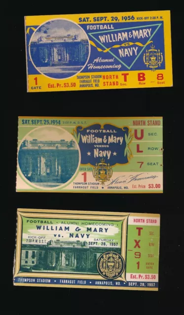 LOT OF 3 NAVY HOMECOMING GAME FOOTBALL TICKET STUBS v WILLIAM & M 1954 1956 1957