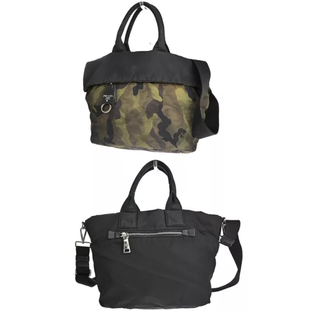 PRADA MILANO Reversible Tessuto Hand Bag Nylon Leather Black Camouflage 34KA110