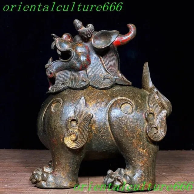 8.6"Ancient bronze gilt Feng shui wealth lion beast statue Incense burner Censer