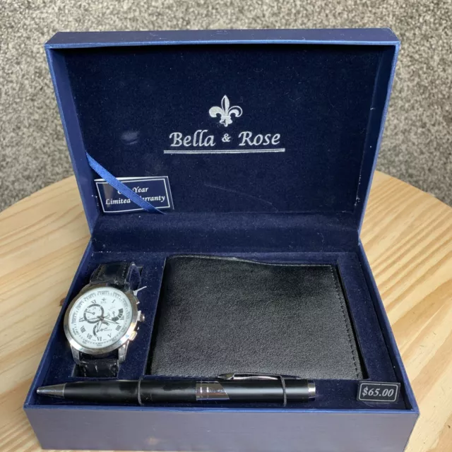 Bella & Rose Mens Watch Silver And Black Pen Wallet Gift Blue Box Set CD184