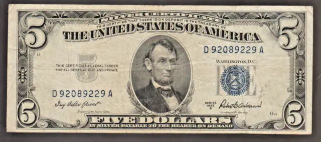 United States USA US Circulated VF Note $5 Dollars 1953 A Blue Seal