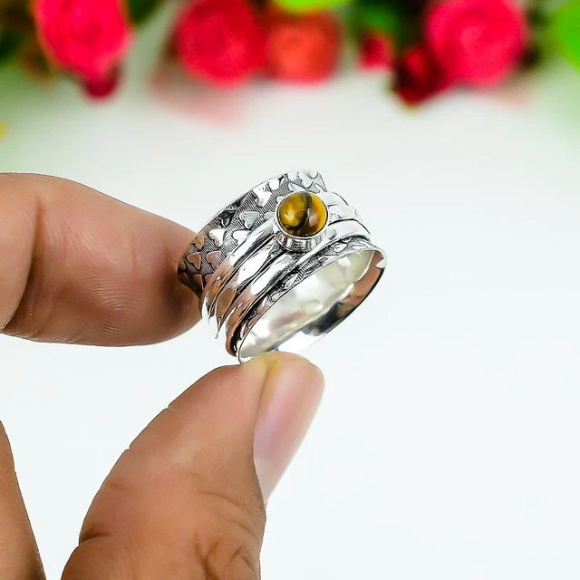 Tiger Eye Gemstone Handmade 925 Sterling Silver Jewelry Ring Size 7.5 U502