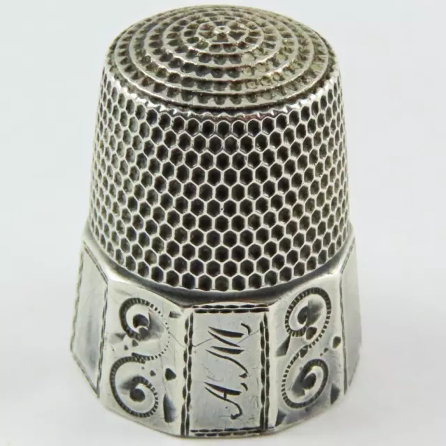 Antique Simons Bros. Bright Cut Panel Size 10 Sterling Silver Sewing Thimble