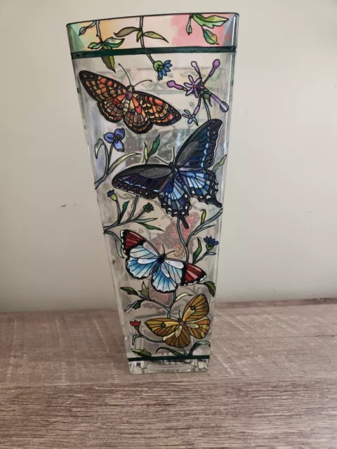 Amia Collectors Stained Glass Vase  Floral Butterfly Raised Pattern Hand Painted 2