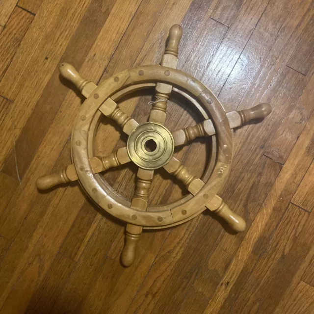 Vintage 18" Wood Brass Ship Wheel Large Wooden Helm Nautical Maritime Wall Decor