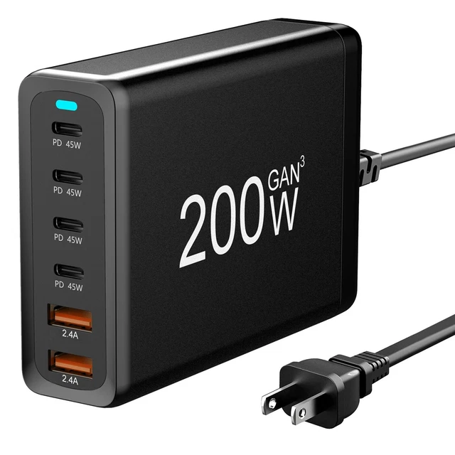 200W Adapter Fast Wall Charger Desktop PD Type-C Charging Station with 6 Ports