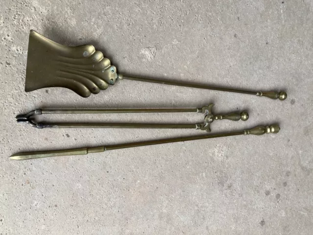 Antique Brass Companion Set Fire Irons - Poker, Shovel & Tongue Fire Set