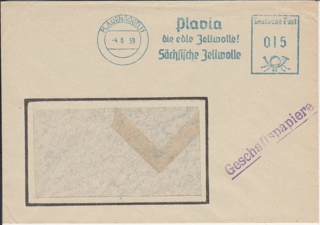 Firmenbrief Freistempel / AFS Plauen, Werbung Plavia, die edle Zellwolle!, 1959