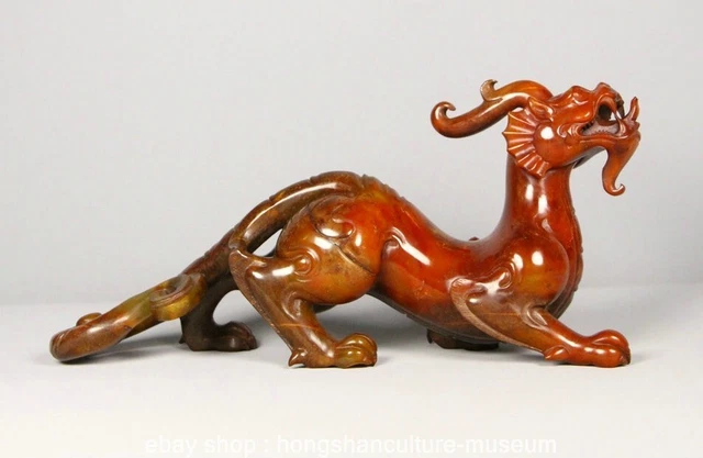 10.2" Chinese Natural Hetian Nephrite Jade Carving Dragon Beast Statue Sculpture