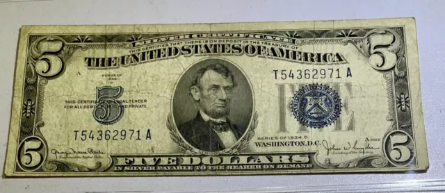 U. S. 5.00 Silver Certificate Note Series 1934 - D  Blue Seal  T54362971 A