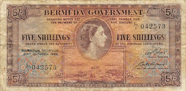 Bermuda  5/-  20.10.1952  P 18a  Series  L/1  Que. II  Circulated Banknote G10