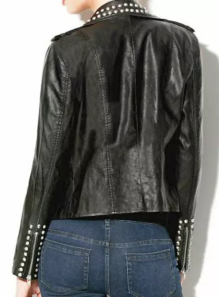 WOMEN'S GENUINE LAMBSKIN Leather Jacket Biker Fitted Jet Black Studded ...