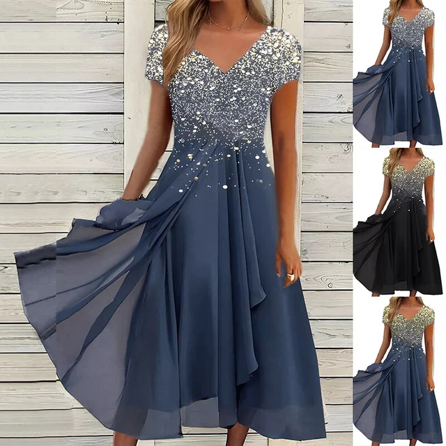 Mousseline Robe de Cocktail Swing Robe Col V Manches Courtes Décontrac *