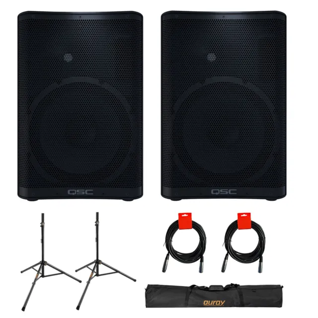 QSC CP12 12-Inch Loudspeaker - Pair w/ Speaker Stand and Case + 2x Cables