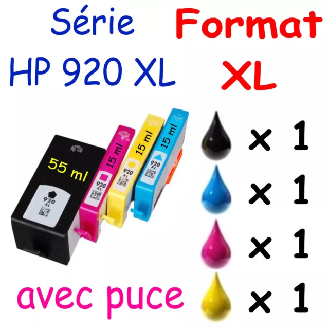 Lot de 4 cartouches d'encre compatibles avec imprimantes HP : 920 XL AVEC PUCE