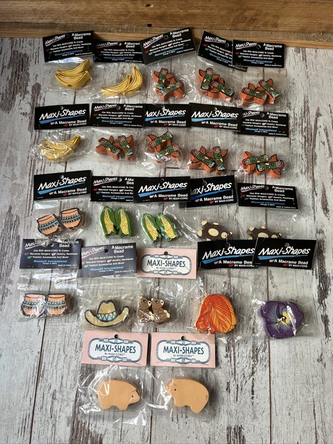 Lot of 22 New Packages Maxi-Shapes- A Macrame Bead by Maxi-Cord.  Vintage Wooden