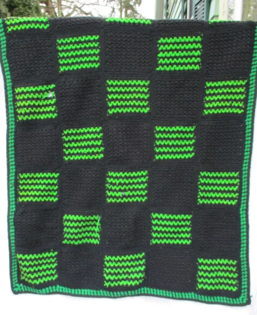 Handmade Crochet Black Blanket Fluorescent Green Zigzag Squares Afghan 60 x 39